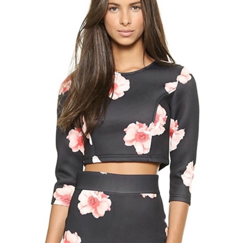re:named Black & Pink Floral Crop Top